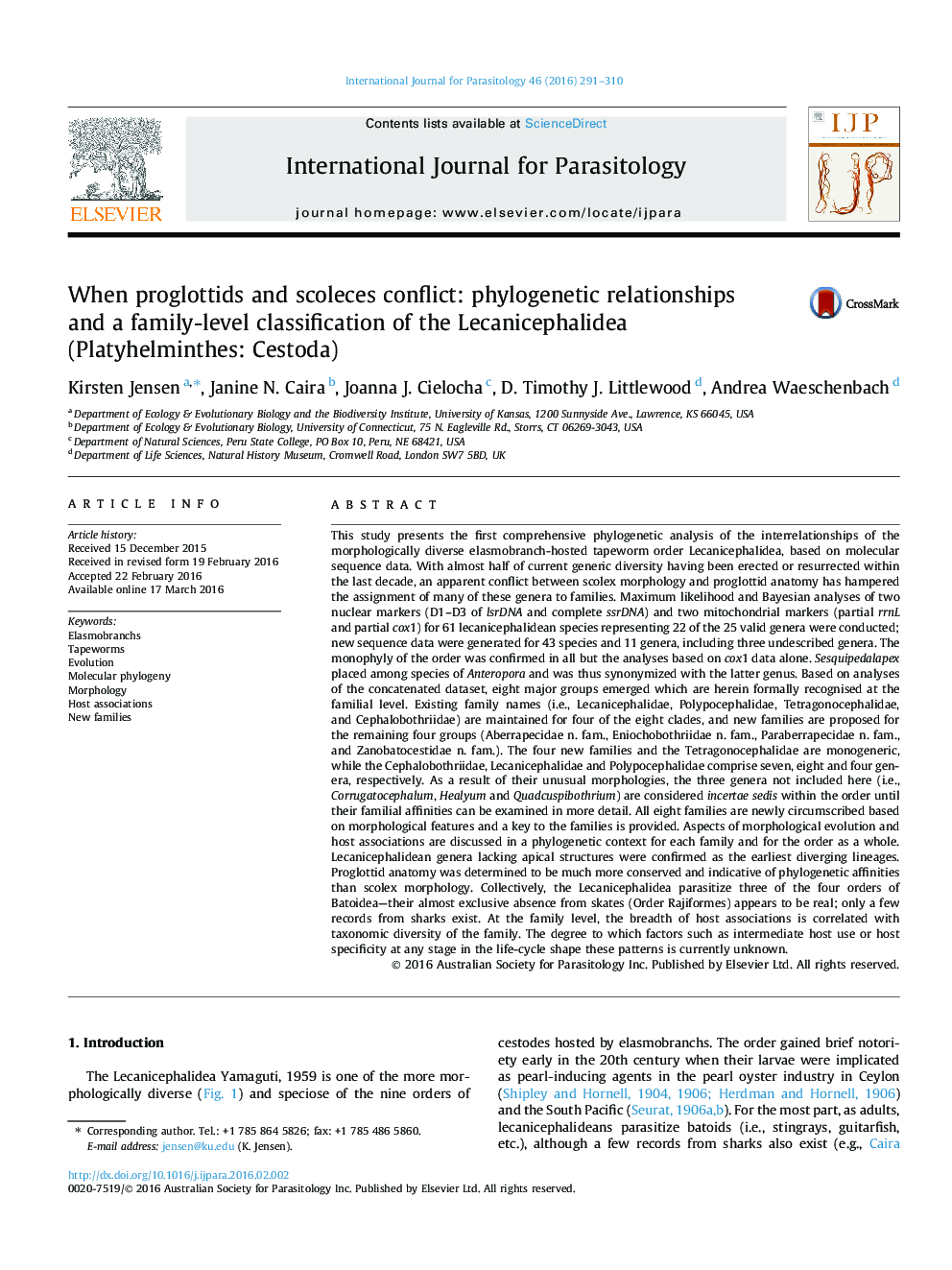 When proglottids and scoleces conflict: phylogenetic relationships and a family-level classification of the Lecanicephalidea (Platyhelminthes: Cestoda)