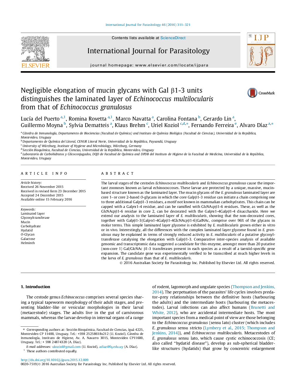 Negligible elongation of mucin glycans with Gal β1-3 units distinguishes the laminated layer of Echinococcus multilocularis from that of Echinococcus granulosus