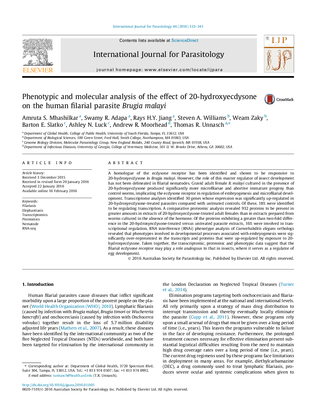 Phenotypic and molecular analysis of the effect of 20-hydroxyecdysone on the human filarial parasite Brugia malayi