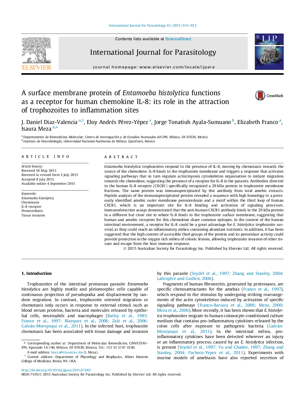 A surface membrane protein of Entamoeba histolytica functions as a receptor for human chemokine IL-8: its role in the attraction of trophozoites to inflammation sites