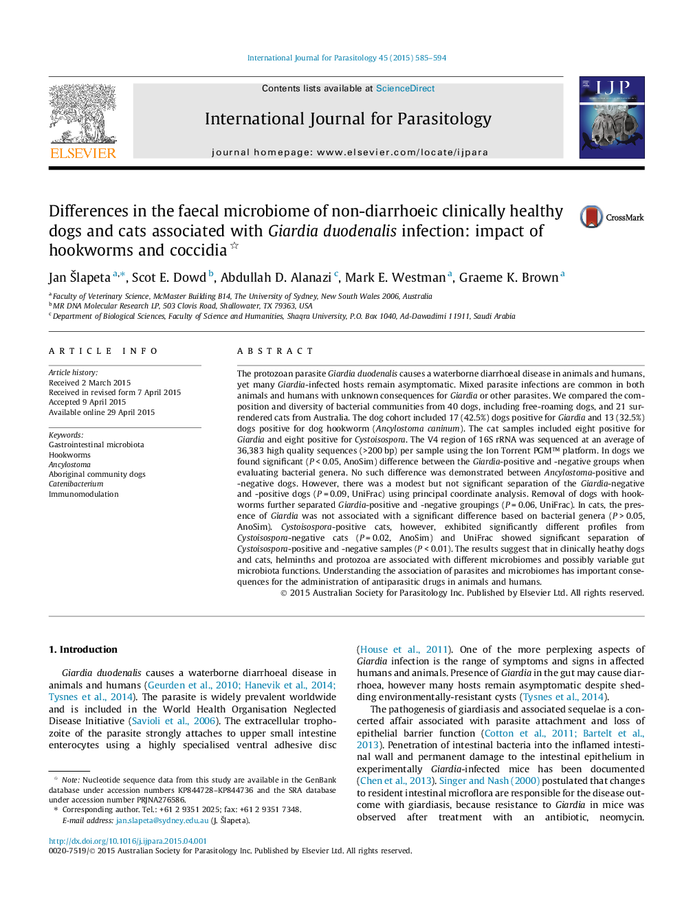 Differences in the faecal microbiome of non-diarrhoeic clinically healthy dogs and cats associated with Giardia duodenalis infection: impact of hookworms and coccidia 