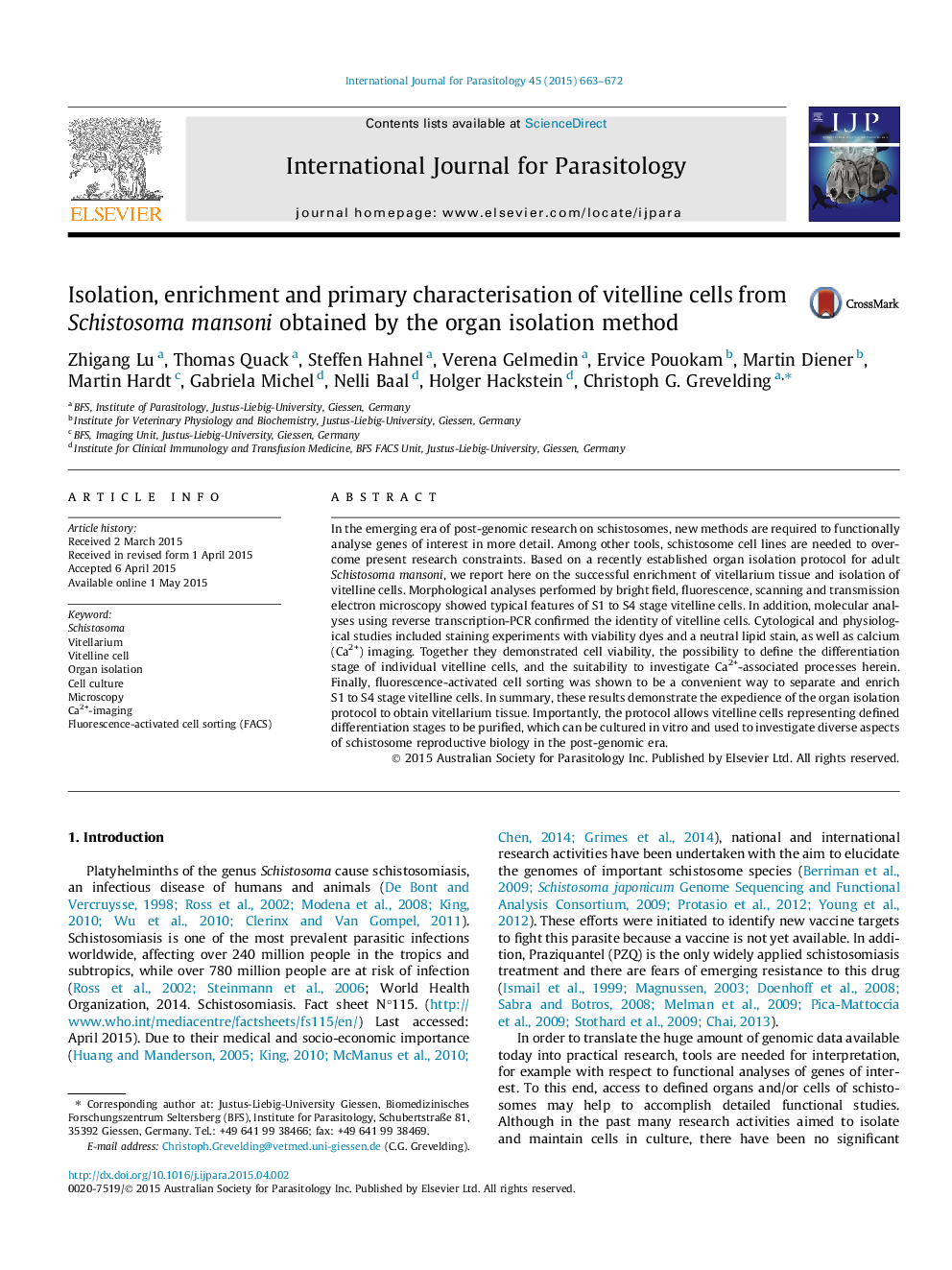 Isolation, enrichment and primary characterisation of vitelline cells from Schistosoma mansoni obtained by the organ isolation method