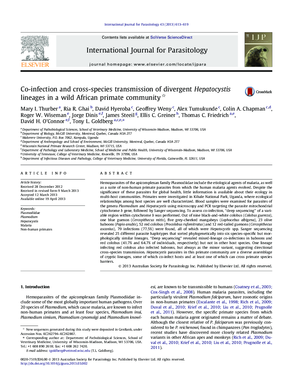 Co-infection and cross-species transmission of divergent Hepatocystis lineages in a wild African primate community 