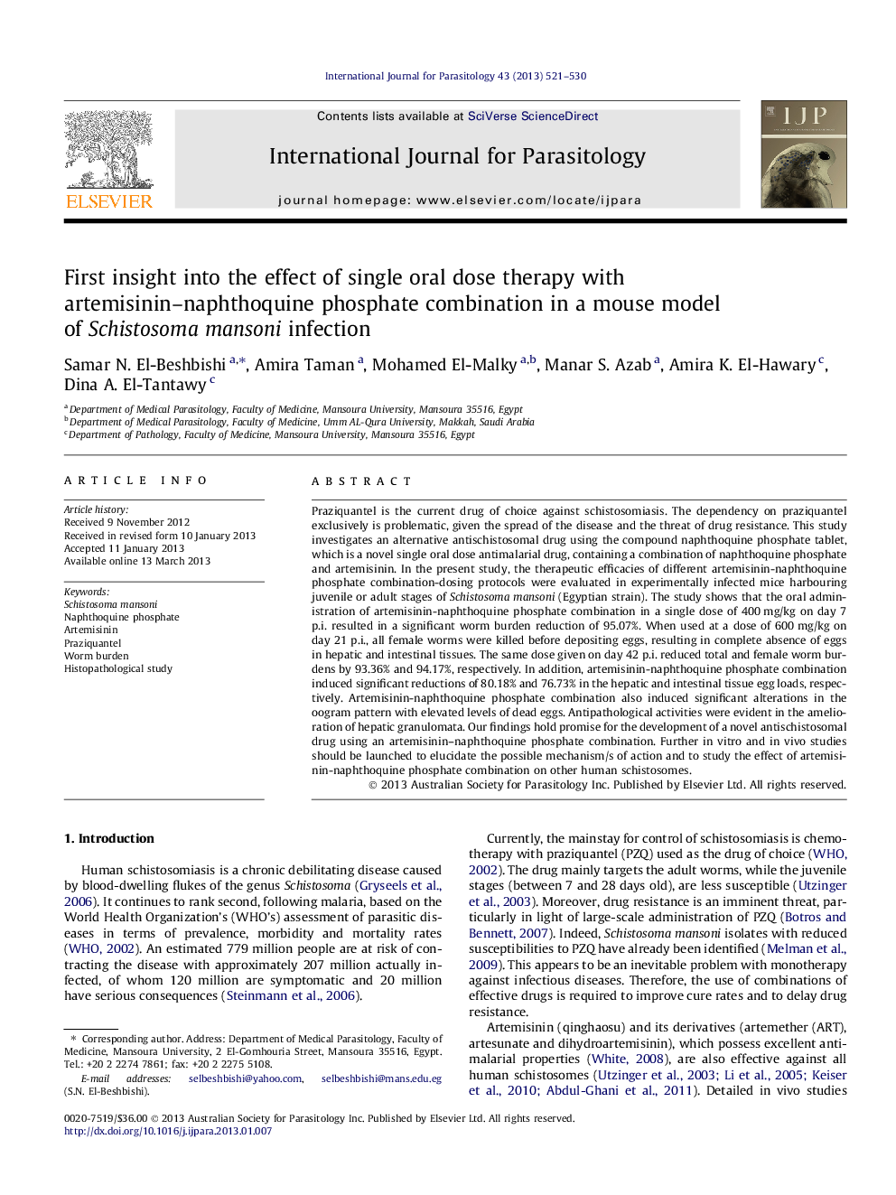 First insight into the effect of single oral dose therapy with artemisinin–naphthoquine phosphate combination in a mouse model of Schistosoma mansoni infection