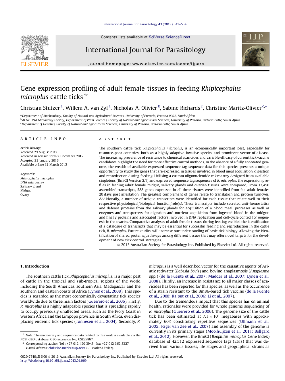 Gene expression profiling of adult female tissues in feeding Rhipicephalus microplus cattle ticks 