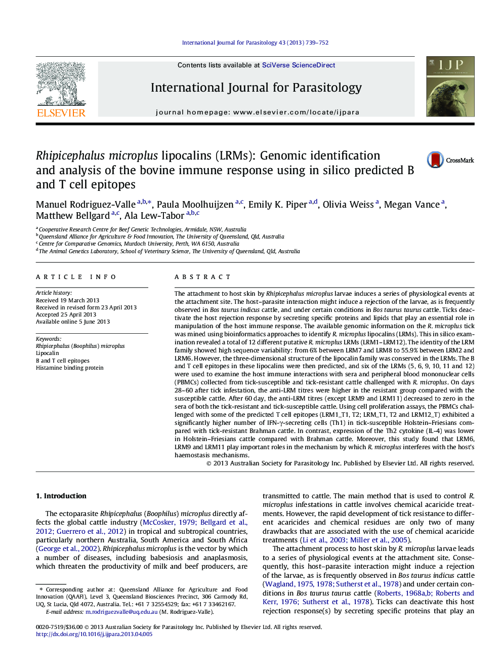 Rhipicephalus microplus lipocalins (LRMs): Genomic identification and analysis of the bovine immune response using in silico predicted B and T cell epitopes