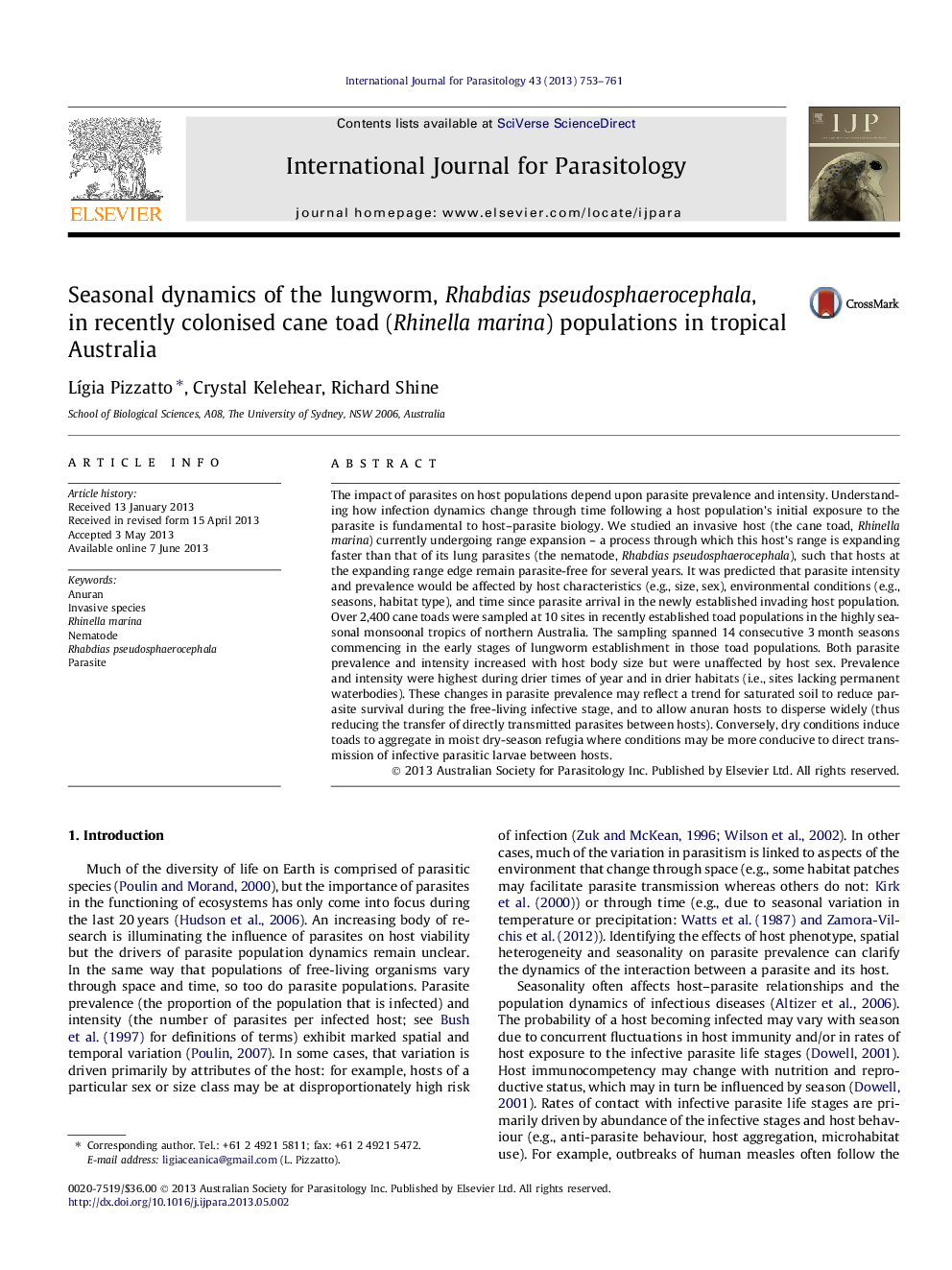 Seasonal dynamics of the lungworm, Rhabdias pseudosphaerocephala, in recently colonised cane toad (Rhinella marina) populations in tropical Australia