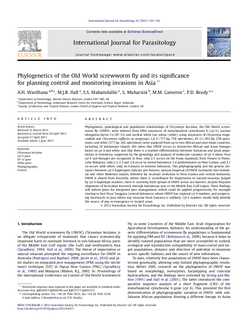 Phylogenetics of the Old World screwworm fly and its significance for planning control and monitoring invasions in Asia 