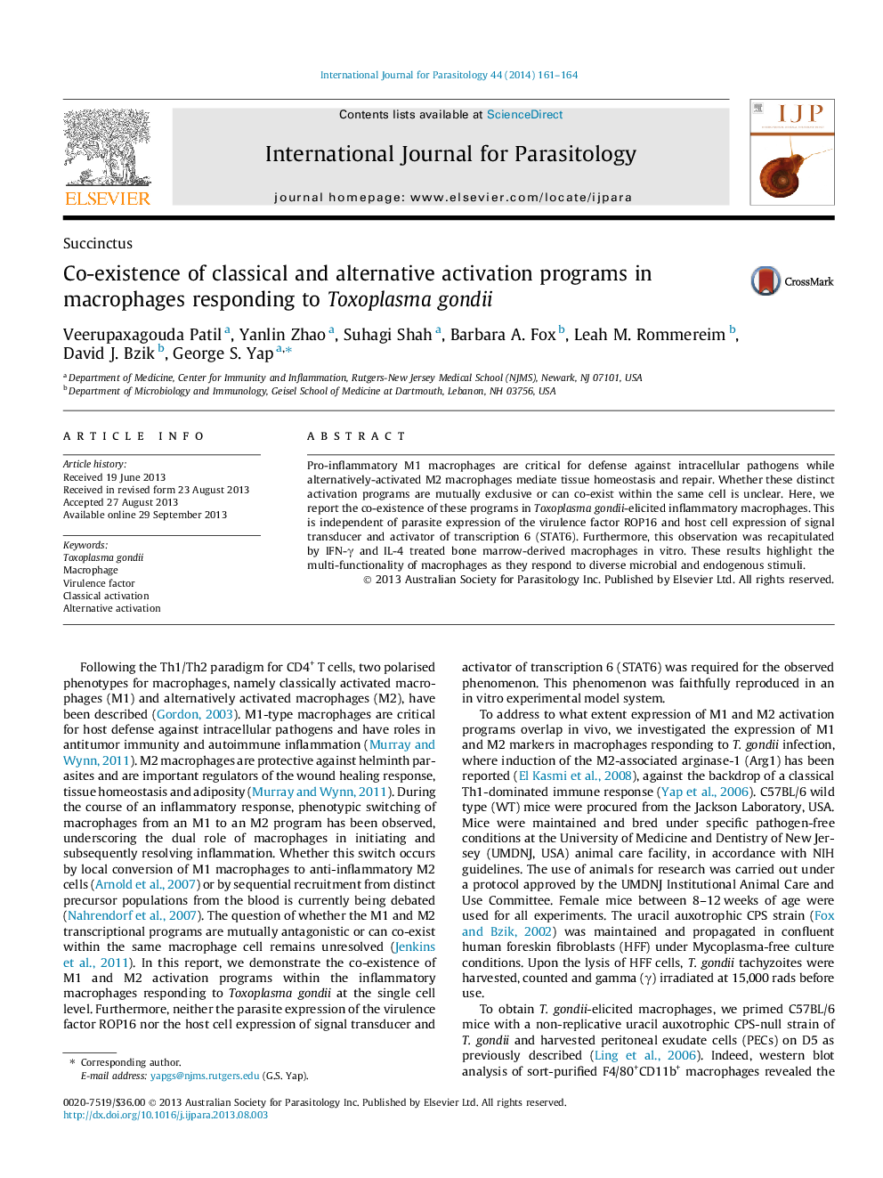 Co-existence of classical and alternative activation programs in macrophages responding to Toxoplasma gondii