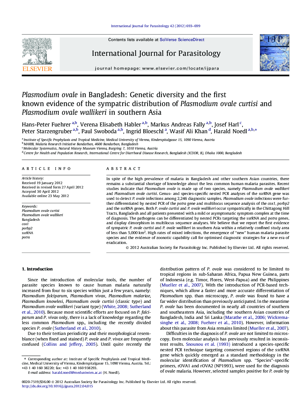 Plasmodium ovale in Bangladesh: Genetic diversity and the first known evidence of the sympatric distribution of Plasmodium ovale curtisi and Plasmodium ovale wallikeri in southern Asia