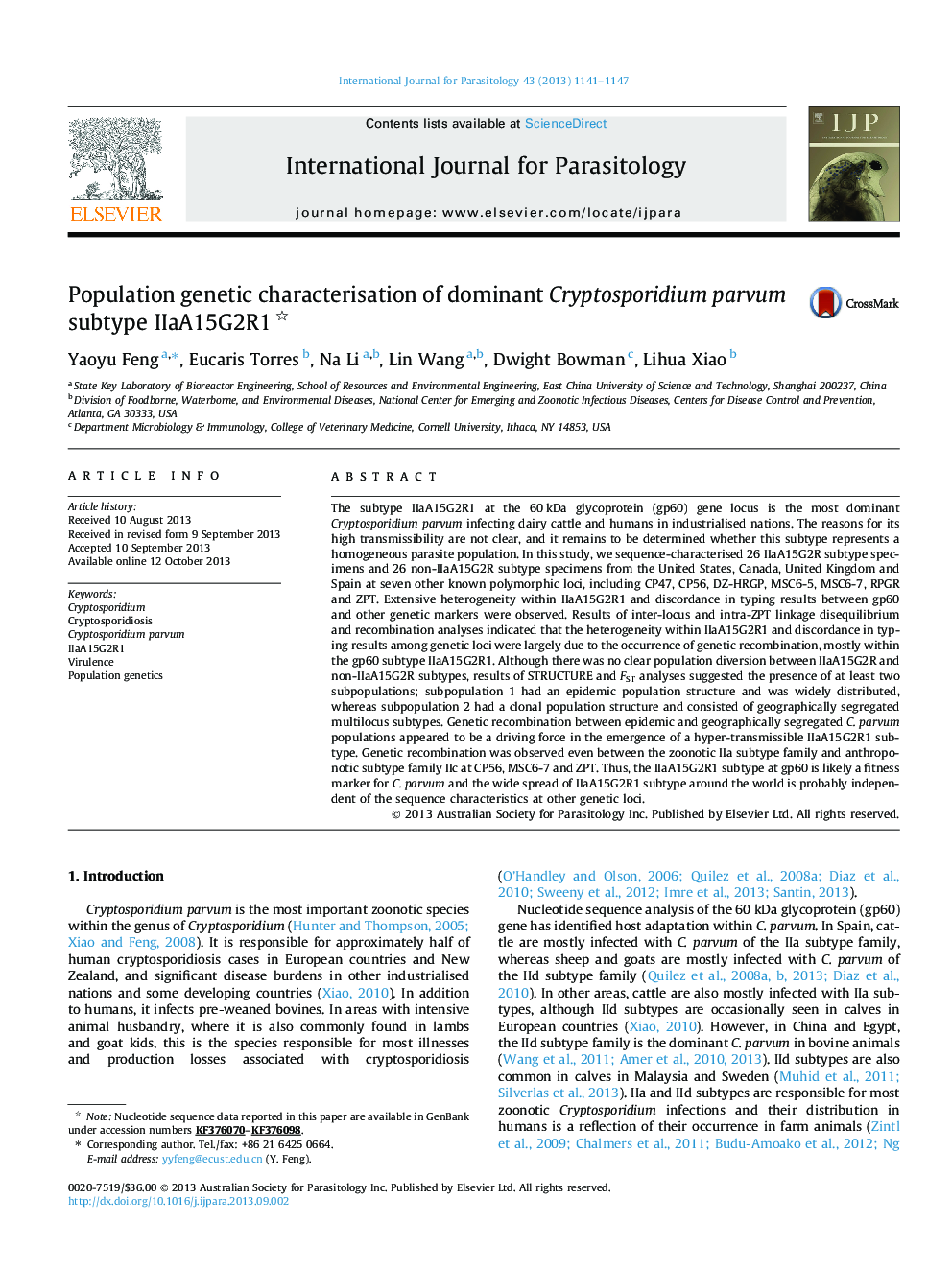 Population genetic characterisation of dominant Cryptosporidium parvum subtype IIaA15G2R1 