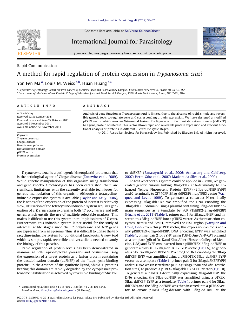 A method for rapid regulation of protein expression in Trypanosoma cruzi