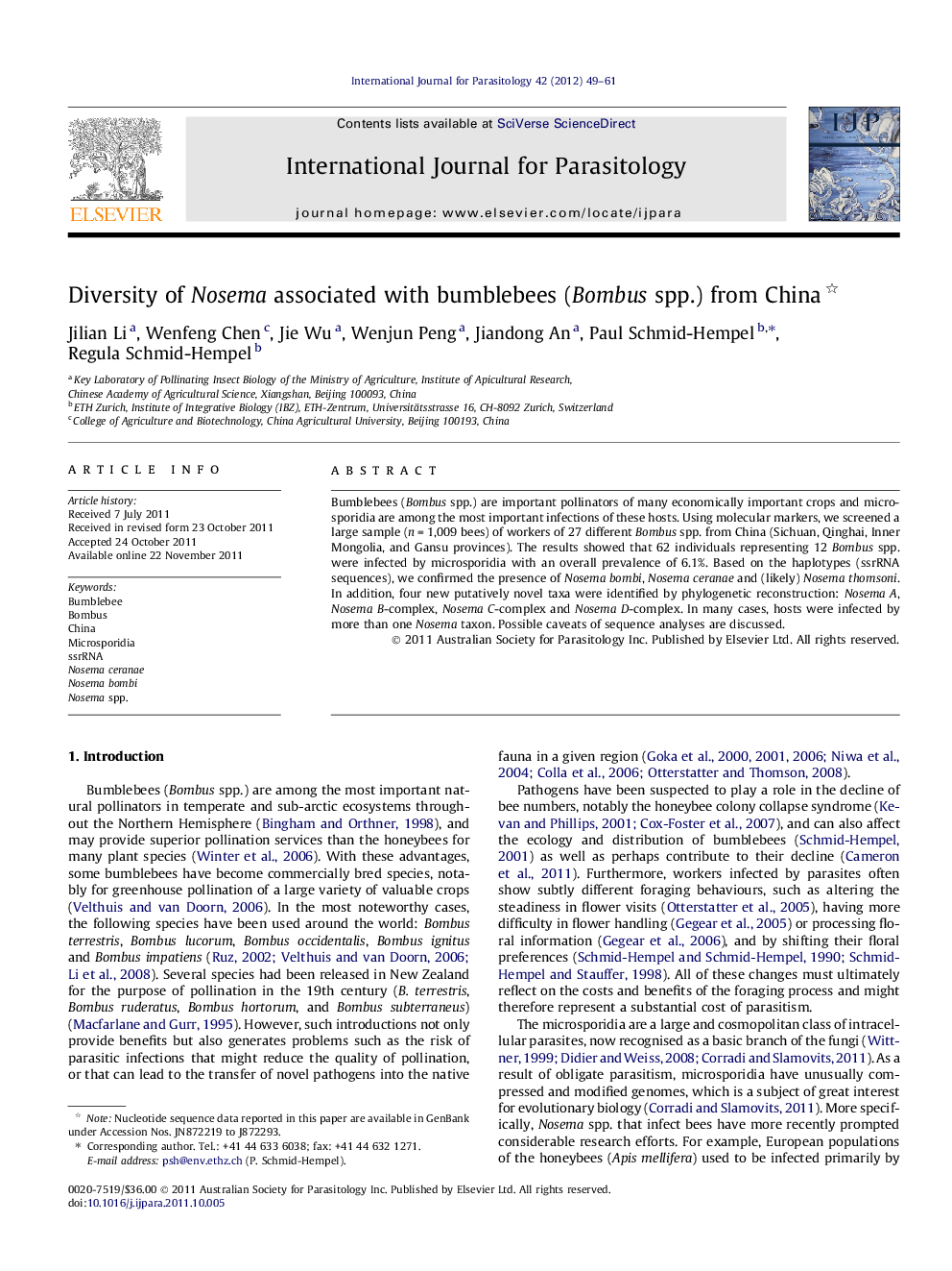 Diversity of Nosema associated with bumblebees (Bombus spp.) from China 