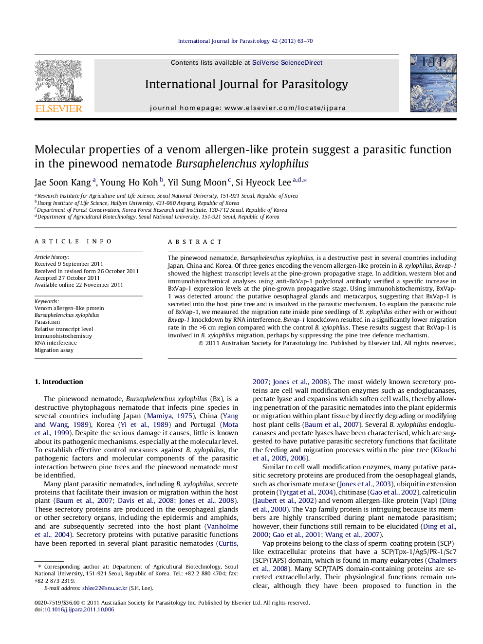 Molecular properties of a venom allergen-like protein suggest a parasitic function in the pinewood nematode Bursaphelenchus xylophilus