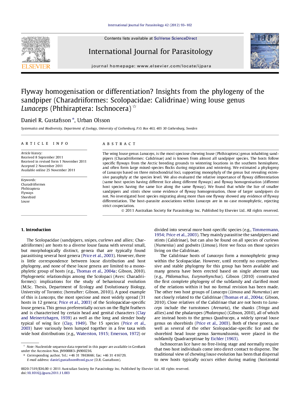 Flyway homogenisation or differentiation? Insights from the phylogeny of the sandpiper (Charadriiformes: Scolopacidae: Calidrinae) wing louse genus Lunaceps (Phthiraptera: Ischnocera) 