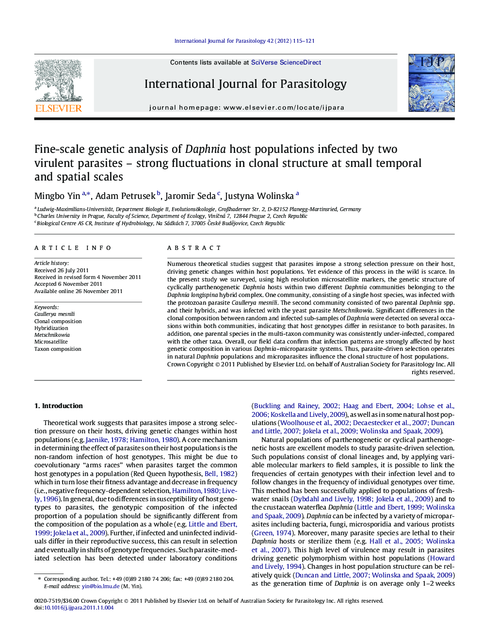 Fine-scale genetic analysis of Daphnia host populations infected by two virulent parasites – strong fluctuations in clonal structure at small temporal and spatial scales