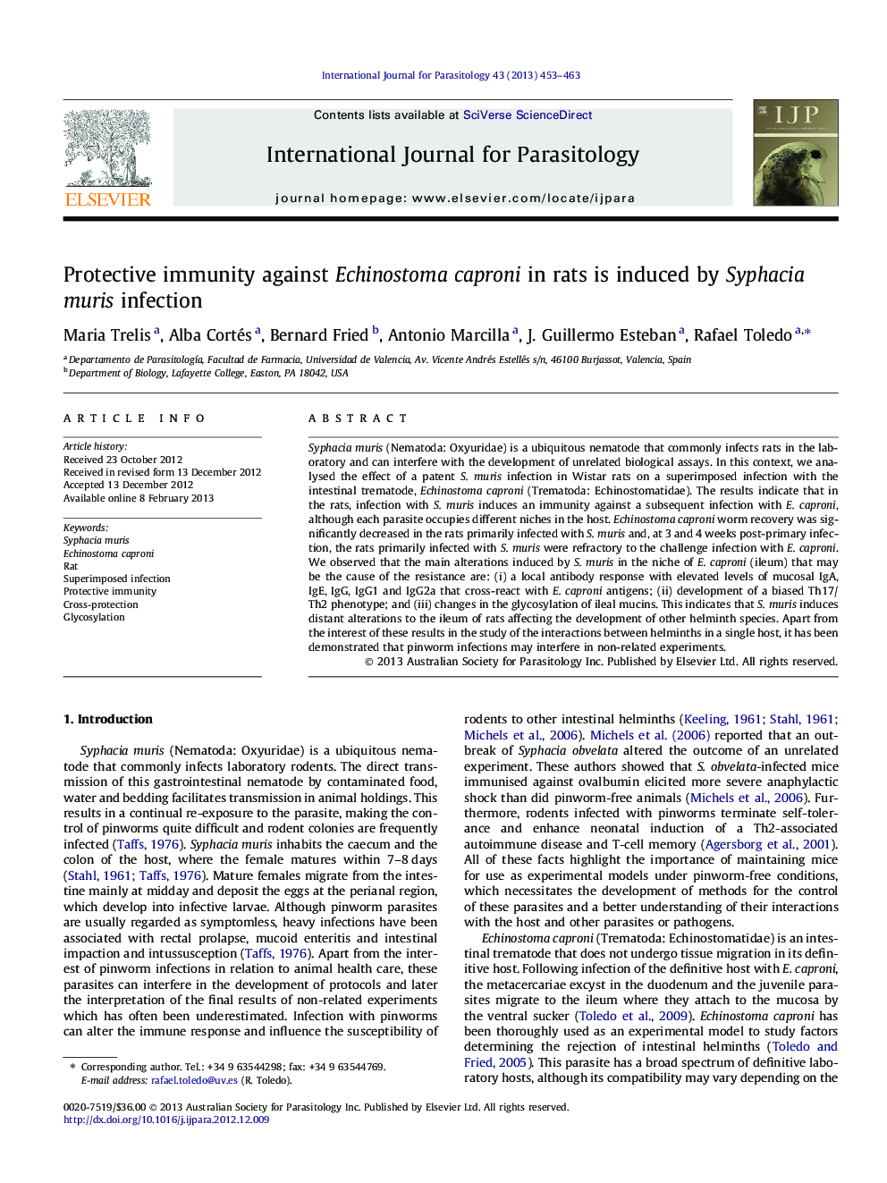 Protective immunity against Echinostoma caproni in rats is induced by Syphacia muris infection