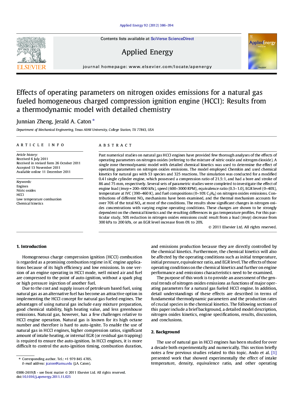 Effects of operating parameters on nitrogen oxides emissions for a natural gas fueled homogeneous charged compression ignition engine (HCCI): Results from a thermodynamic model with detailed chemistry