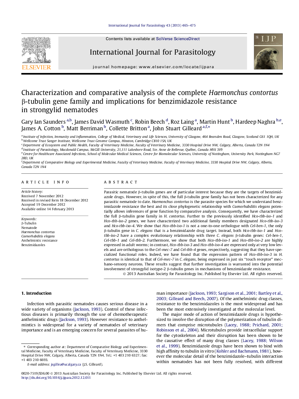 Characterization and comparative analysis of the complete Haemonchus contortus β-tubulin gene family and implications for benzimidazole resistance in strongylid nematodes