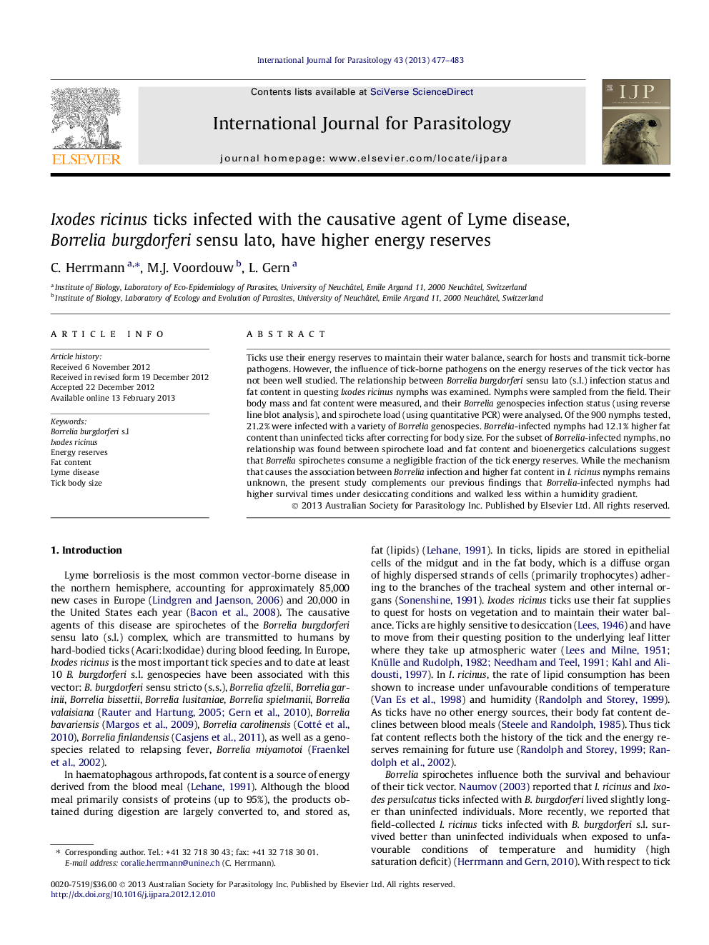 Ixodes ricinus ticks infected with the causative agent of Lyme disease, Borrelia burgdorferi sensu lato, have higher energy reserves