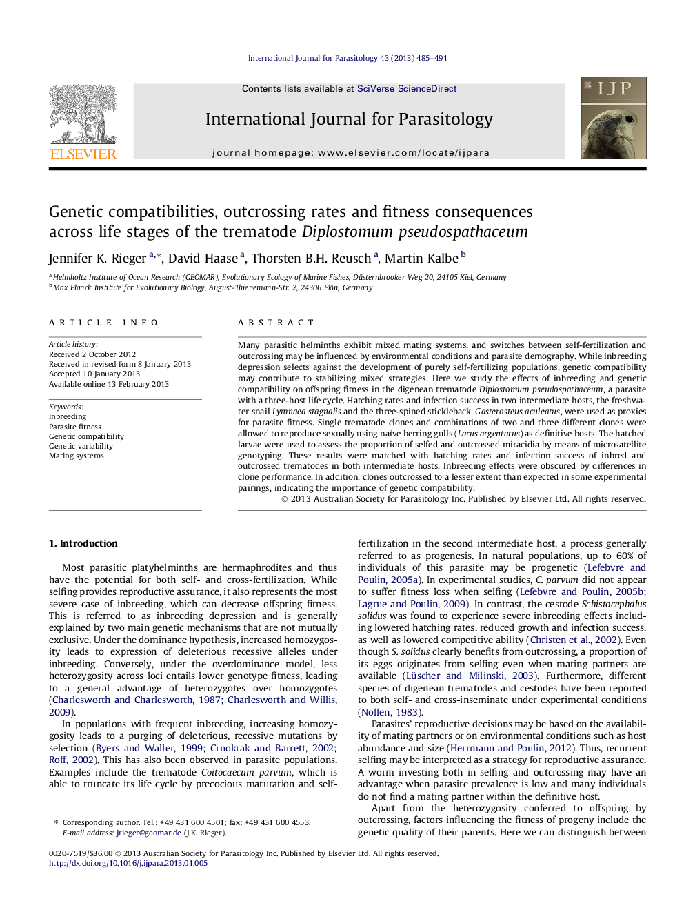 Genetic compatibilities, outcrossing rates and fitness consequences across life stages of the trematode Diplostomum pseudospathaceum