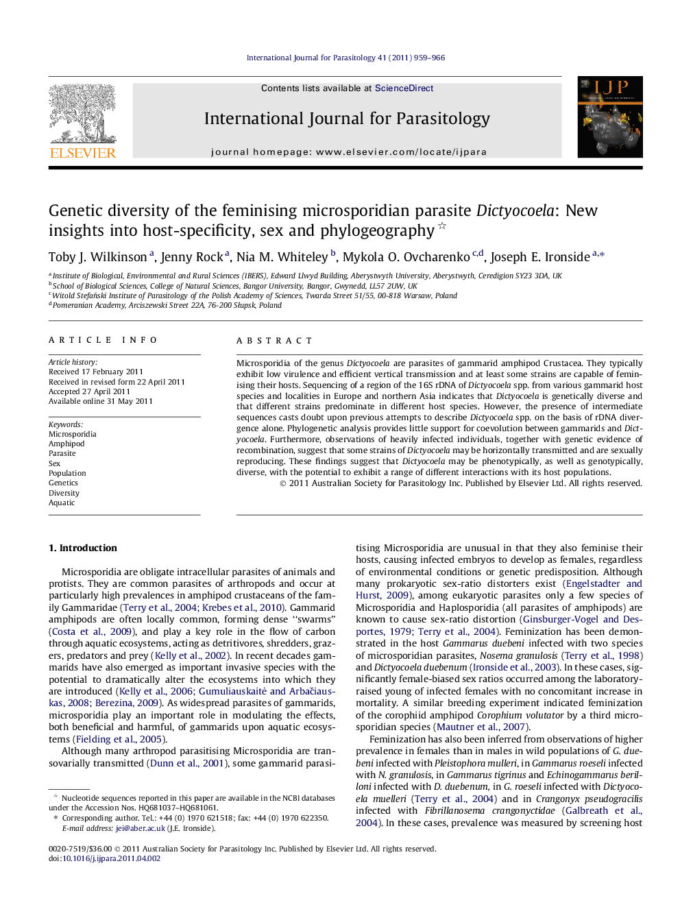 Genetic diversity of the feminising microsporidian parasite Dictyocoela: New insights into host-specificity, sex and phylogeography 