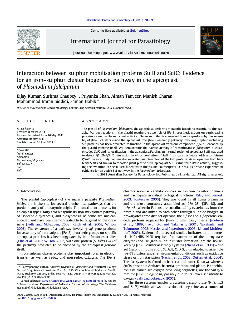 Interaction between sulphur mobilisation proteins SufB and SufC: Evidence for an iron–sulphur cluster biogenesis pathway in the apicoplast of Plasmodium falciparum