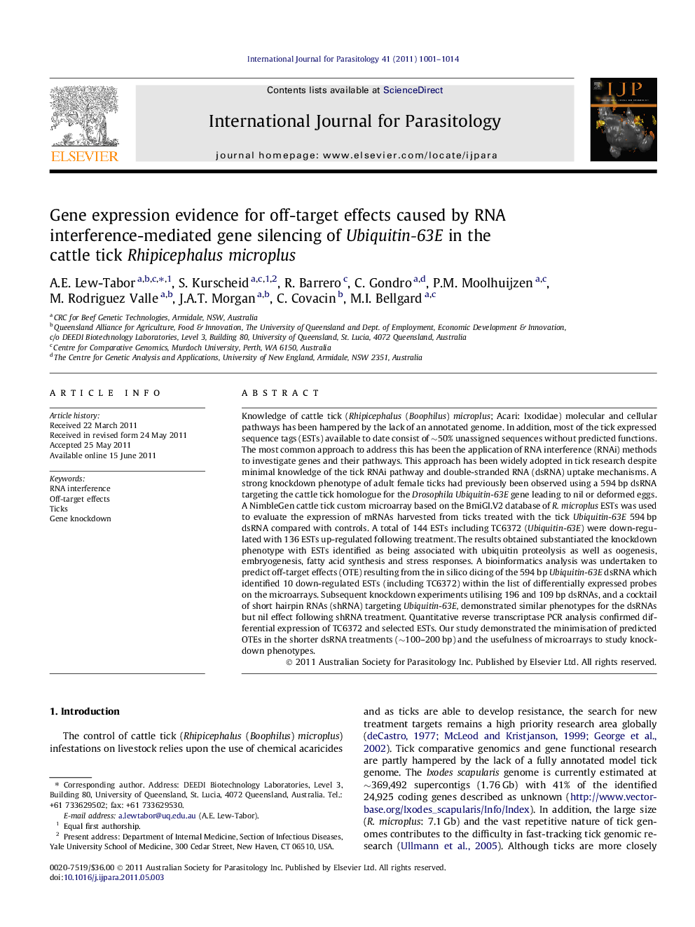 Gene expression evidence for off-target effects caused by RNA interference-mediated gene silencing of Ubiquitin-63E in the cattle tick Rhipicephalus microplus