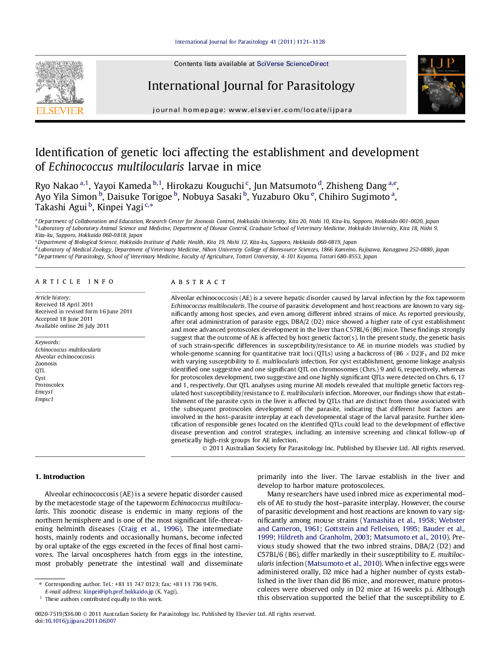 Identification of genetic loci affecting the establishment and development of Echinococcus multilocularis larvae in mice