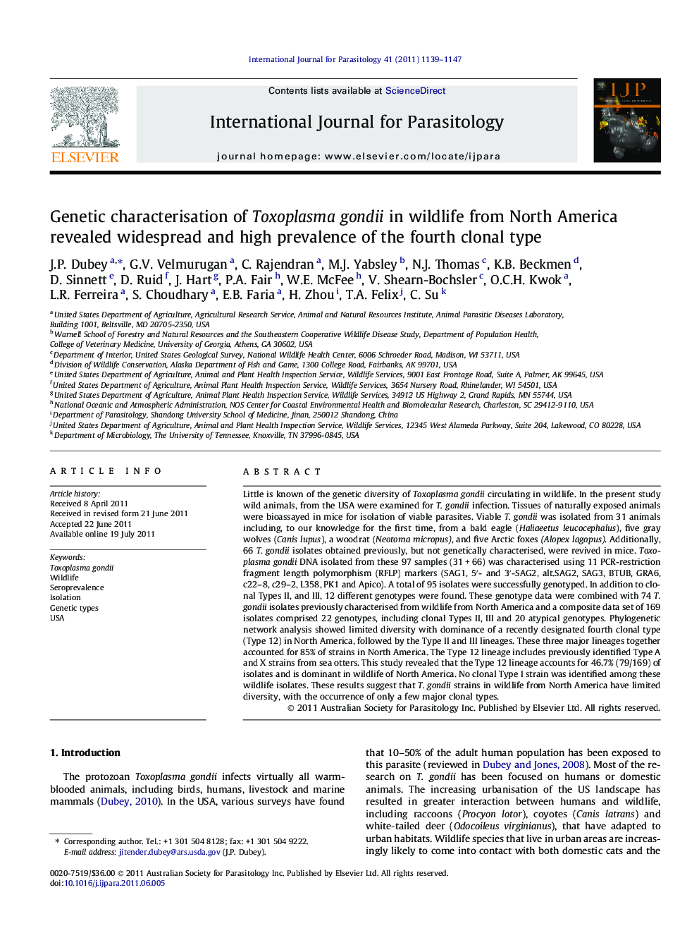 Genetic characterisation of Toxoplasma gondii in wildlife from North America revealed widespread and high prevalence of the fourth clonal type