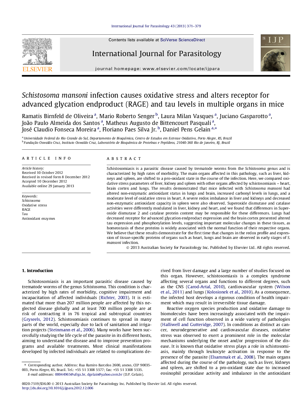 Schistosoma mansoni infection causes oxidative stress and alters receptor for advanced glycation endproduct (RAGE) and tau levels in multiple organs in mice