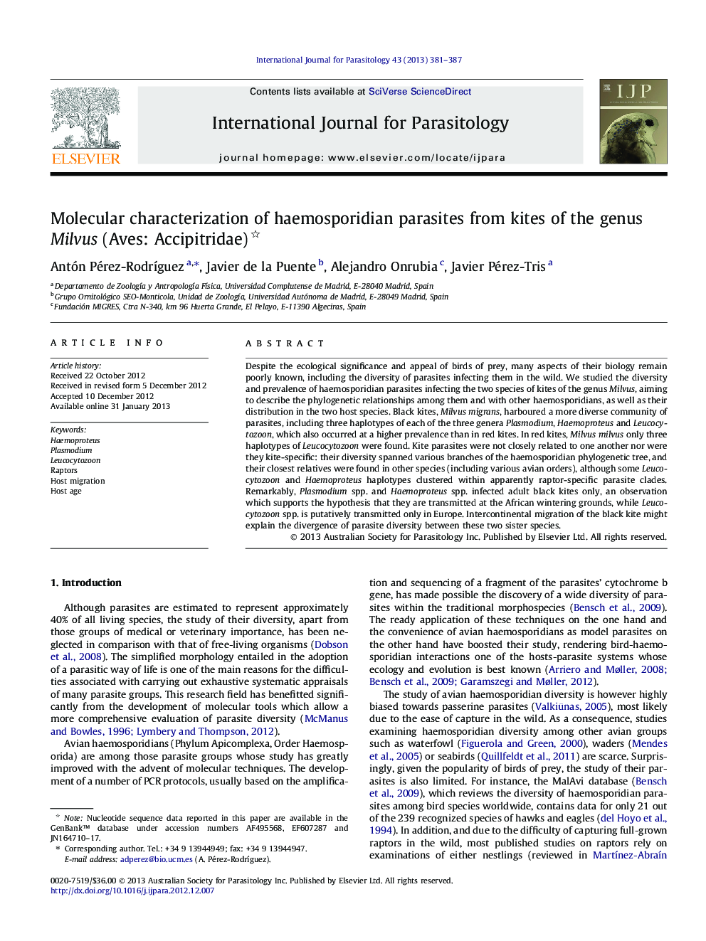 Molecular characterization of haemosporidian parasites from kites of the genus Milvus (Aves: Accipitridae) 