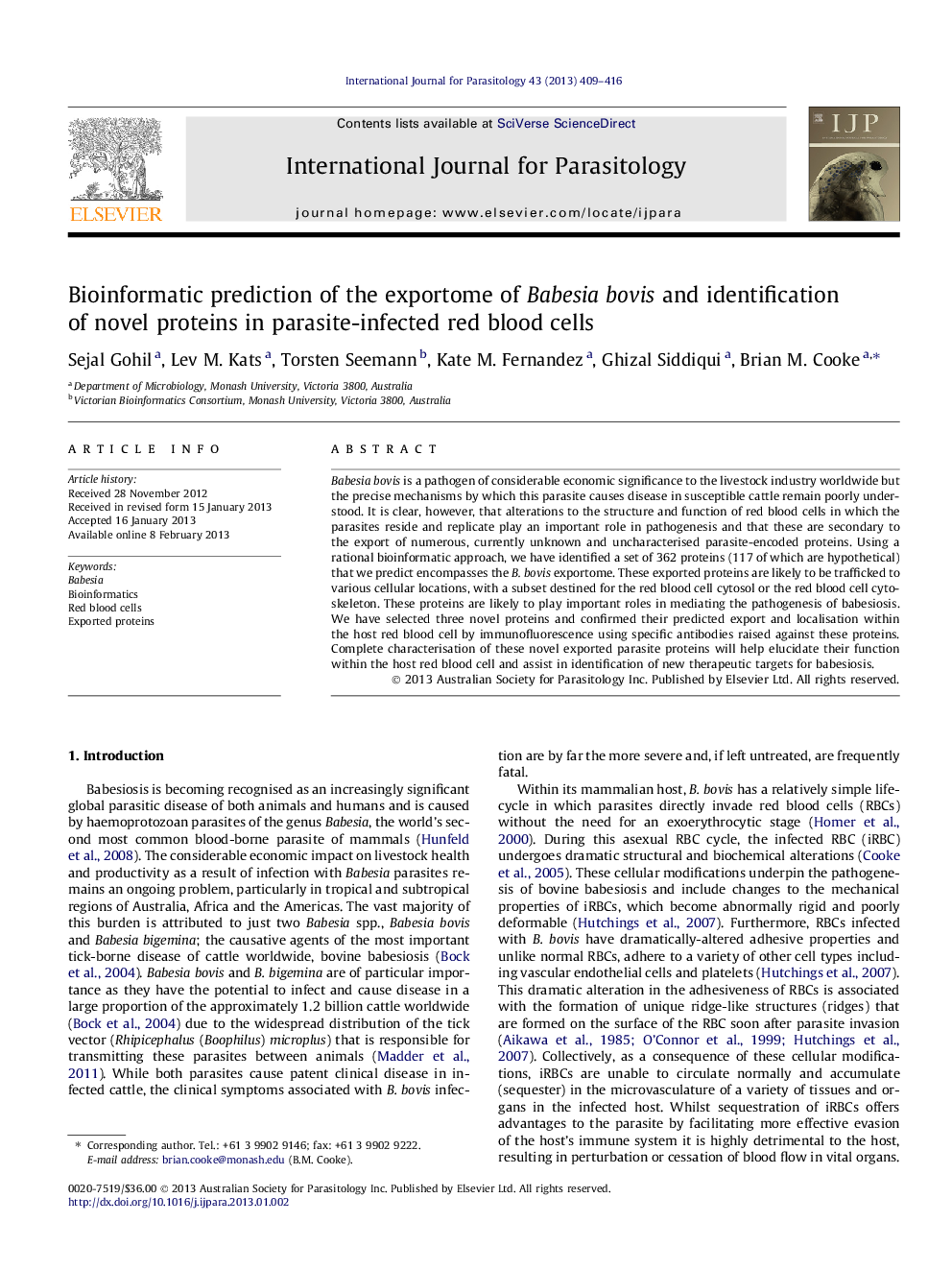 Bioinformatic prediction of the exportome of Babesia bovis and identification of novel proteins in parasite-infected red blood cells