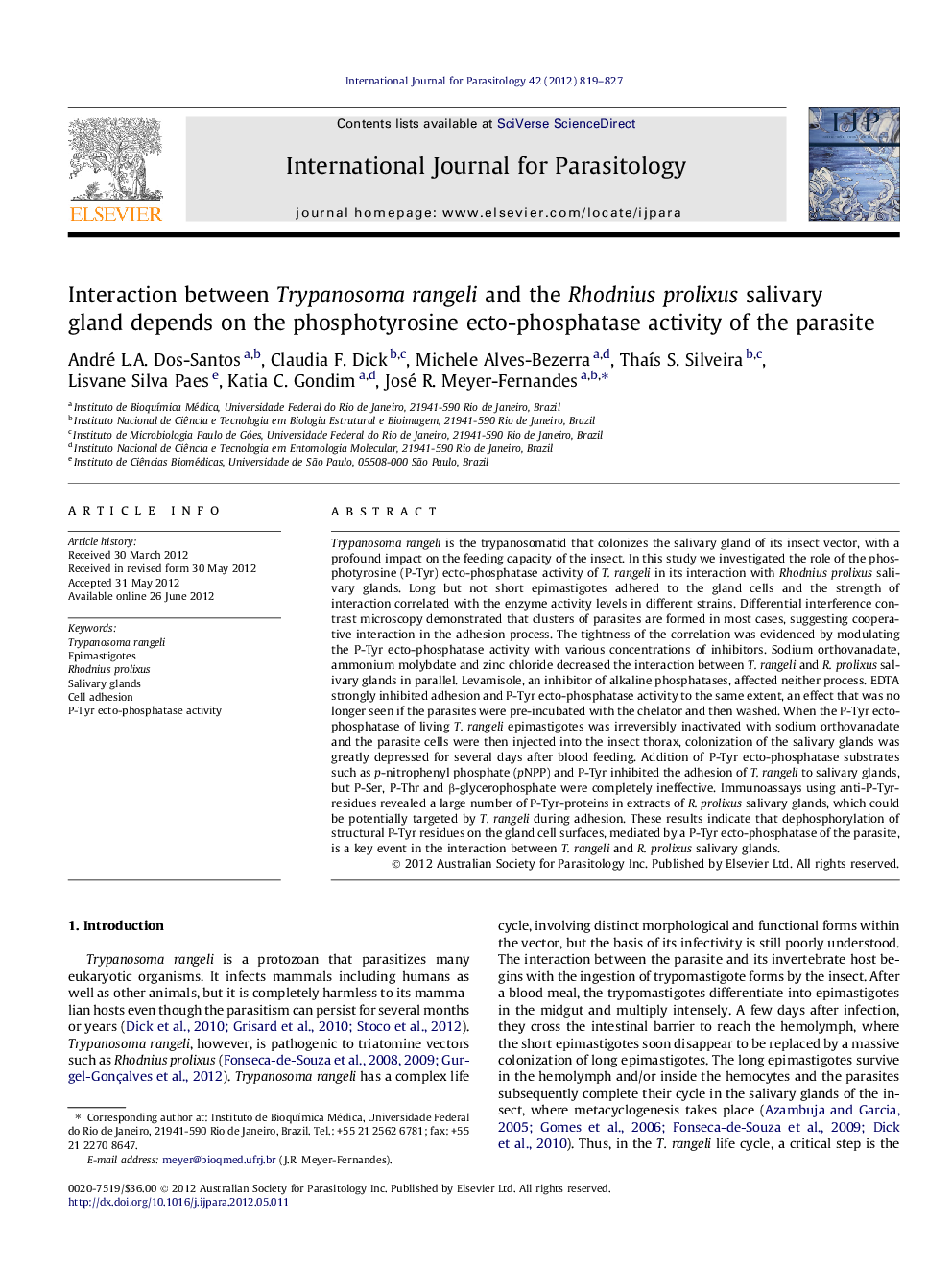 Interaction between Trypanosoma rangeli and the Rhodnius prolixus salivary gland depends on the phosphotyrosine ecto-phosphatase activity of the parasite