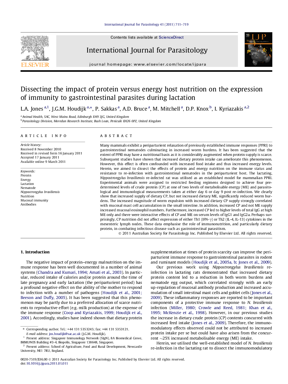 Dissecting the impact of protein versus energy host nutrition on the expression of immunity to gastrointestinal parasites during lactation