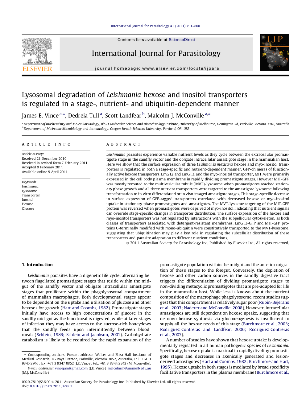 Lysosomal degradation of Leishmania hexose and inositol transporters is regulated in a stage-, nutrient- and ubiquitin-dependent manner