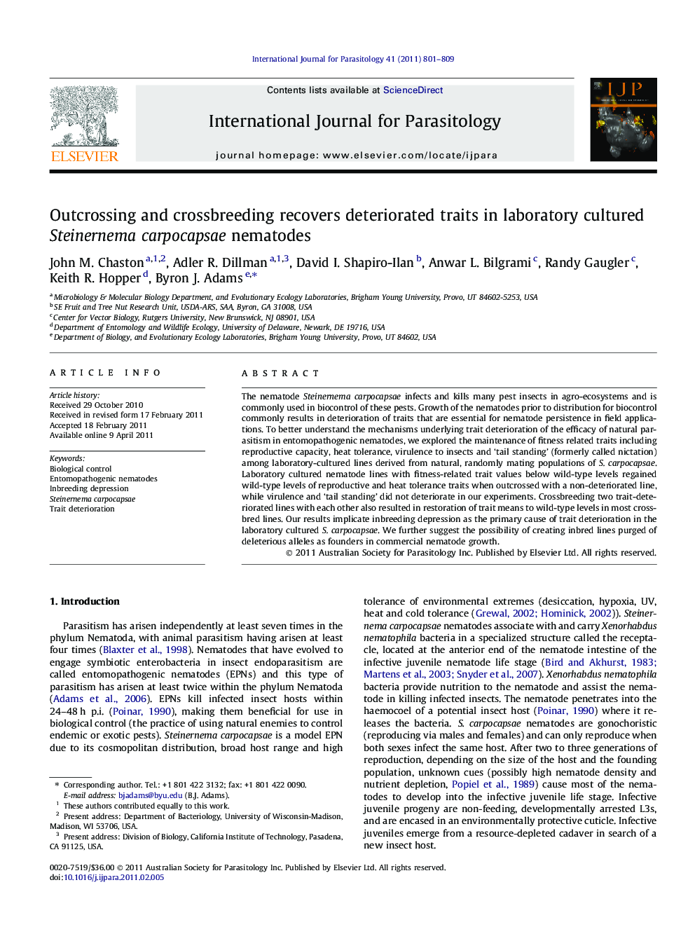 Outcrossing and crossbreeding recovers deteriorated traits in laboratory cultured Steinernema carpocapsae nematodes