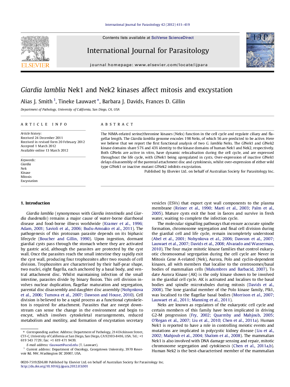 Giardia lamblia Nek1 and Nek2 kinases affect mitosis and excystation