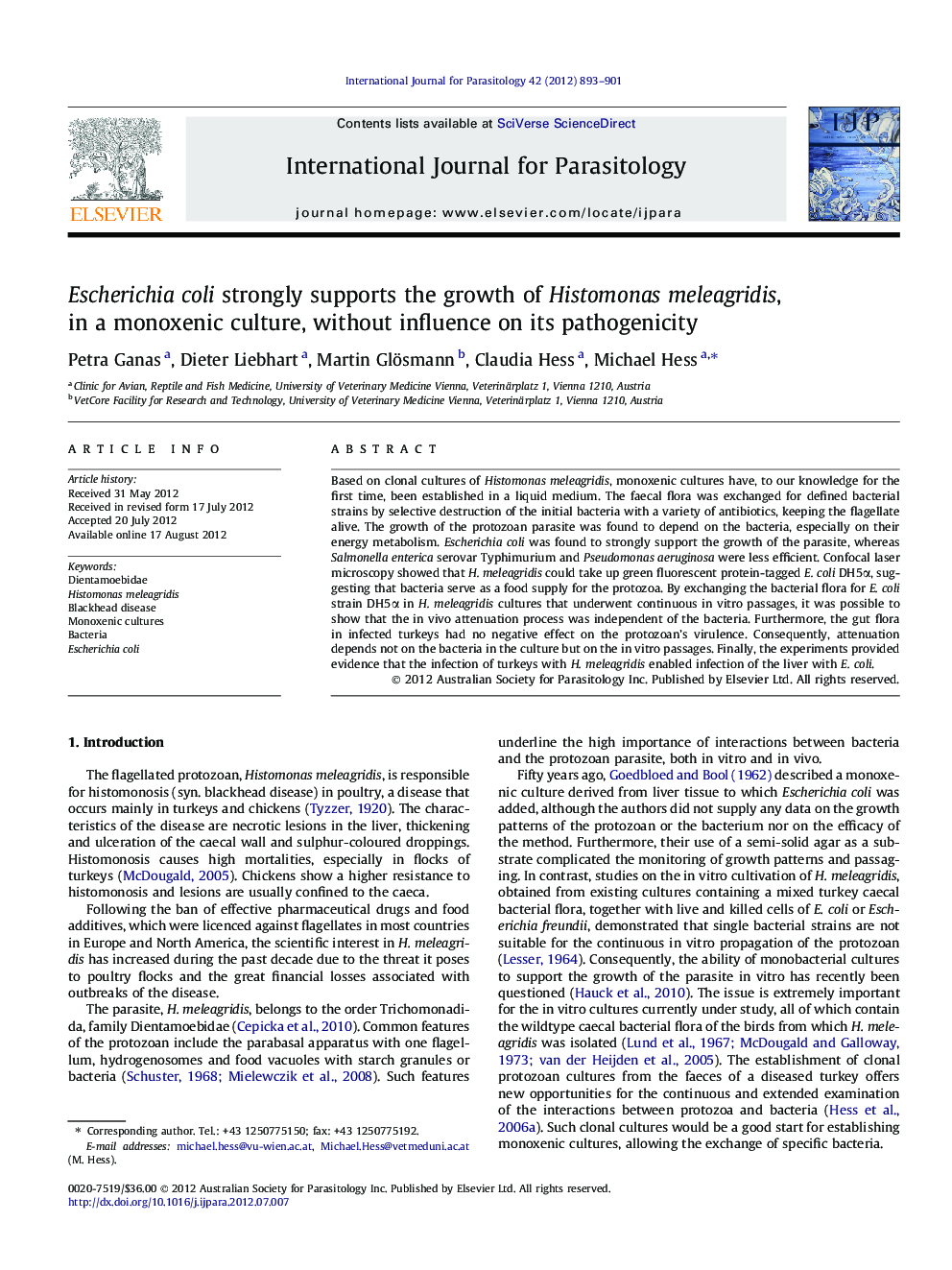 Escherichia coli strongly supports the growth of Histomonas meleagridis, in a monoxenic culture, without influence on its pathogenicity