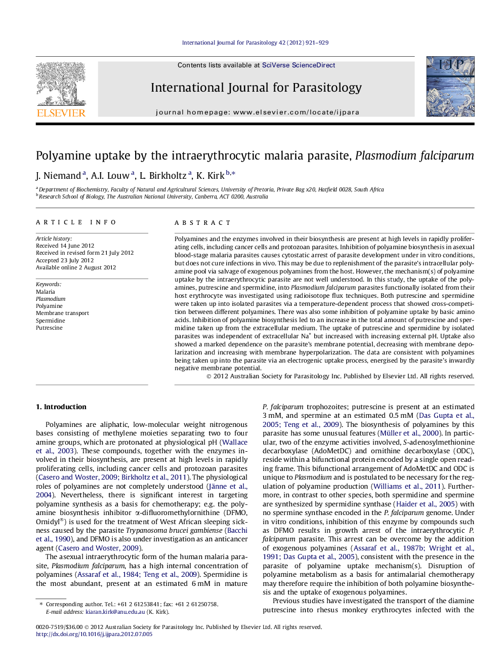 Polyamine uptake by the intraerythrocytic malaria parasite, Plasmodium falciparum