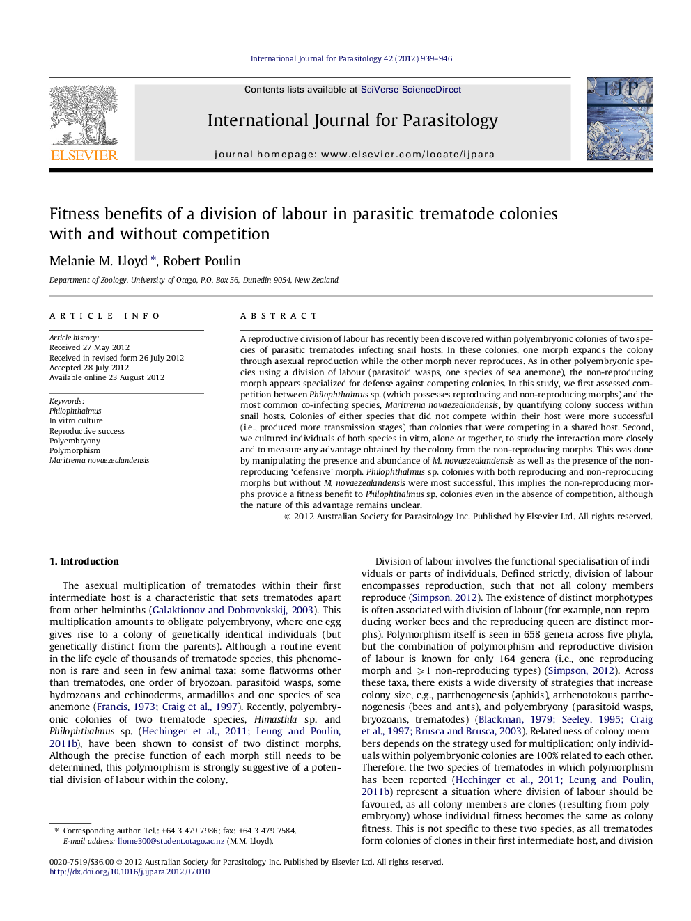 Fitness benefits of a division of labour in parasitic trematode colonies with and without competition