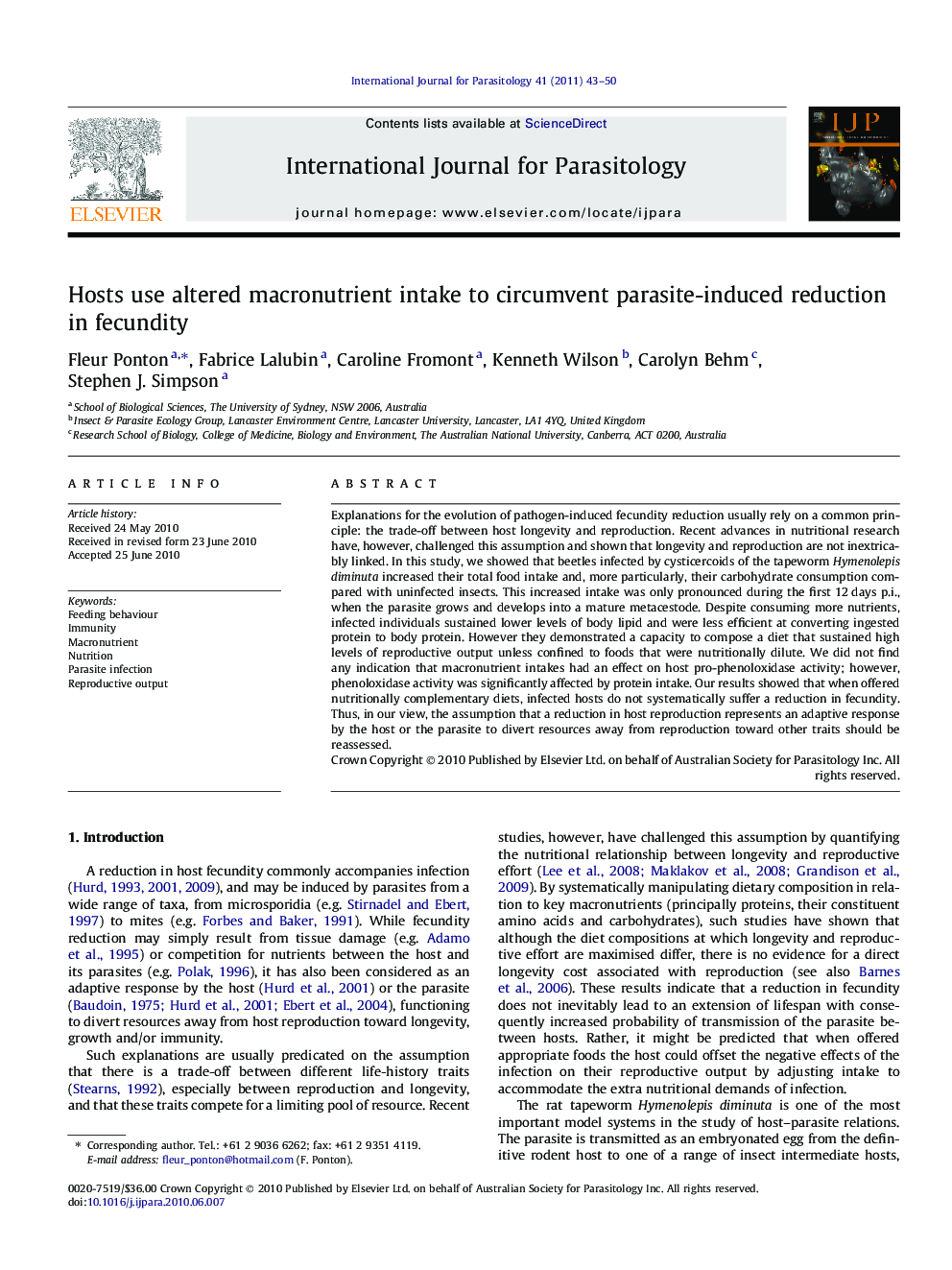 Hosts use altered macronutrient intake to circumvent parasite-induced reduction in fecundity