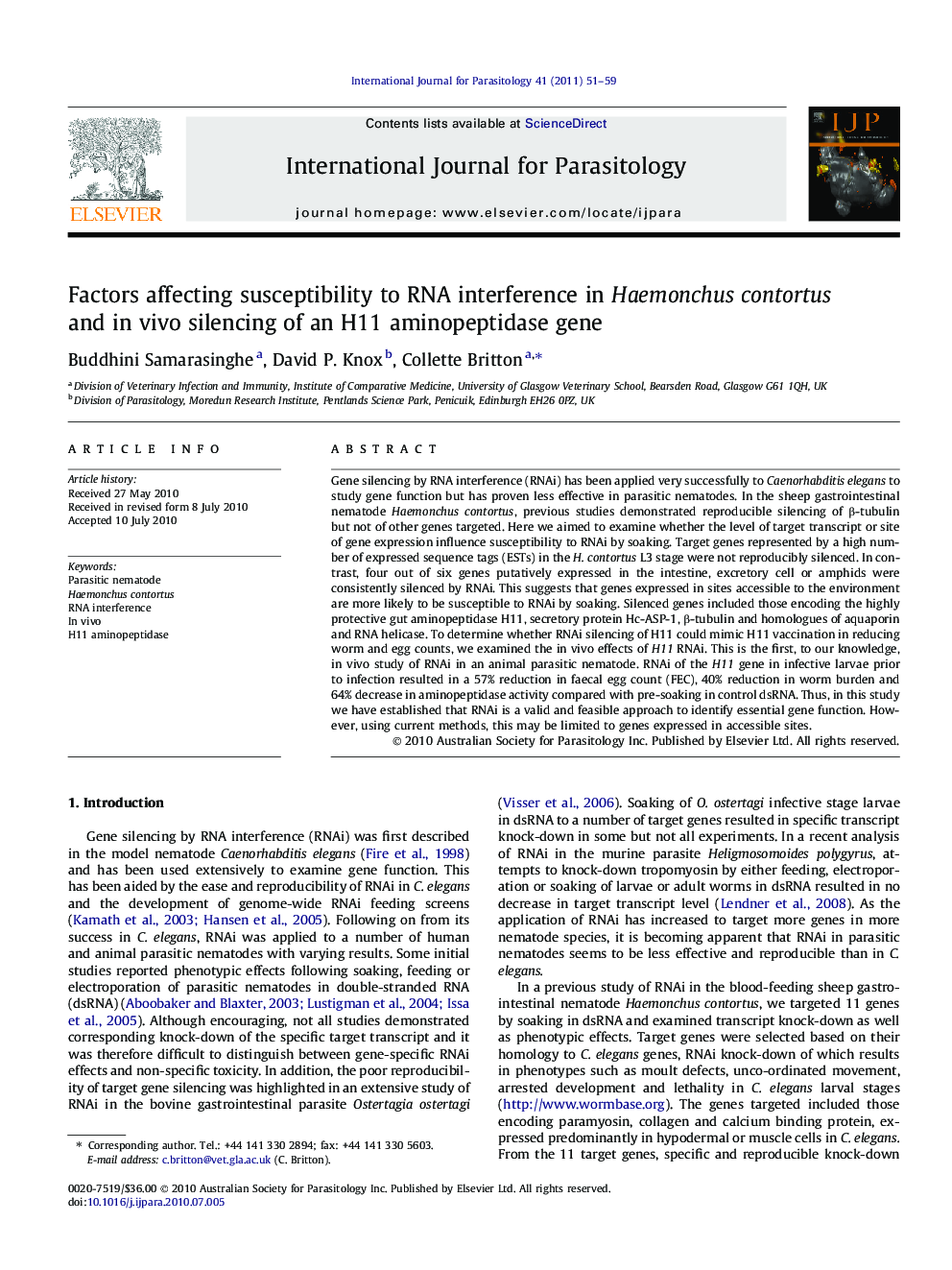 Factors affecting susceptibility to RNA interference in Haemonchuscontortus and in vivo silencing of an H11 aminopeptidase gene