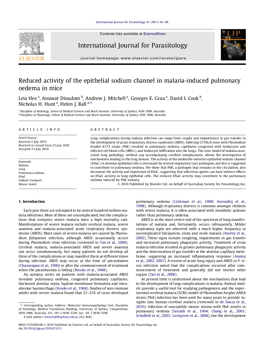 Reduced activity of the epithelial sodium channel in malaria-induced pulmonary oedema in mice