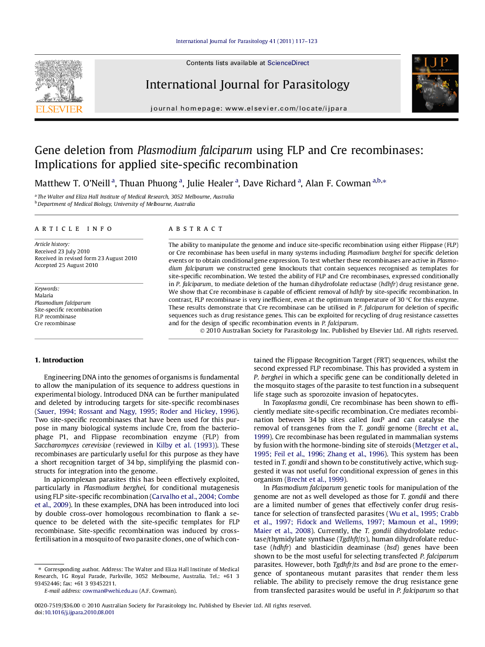 Gene deletion from Plasmodium falciparum using FLP and Cre recombinases: Implications for applied site-specific recombination