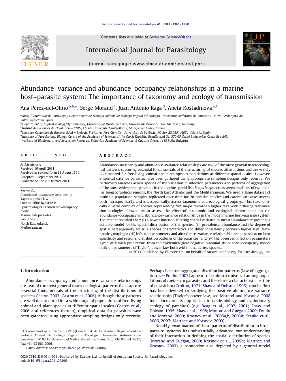 Abundance–variance and abundance–occupancy relationships in a marine host–parasite system: The importance of taxonomy and ecology of transmission