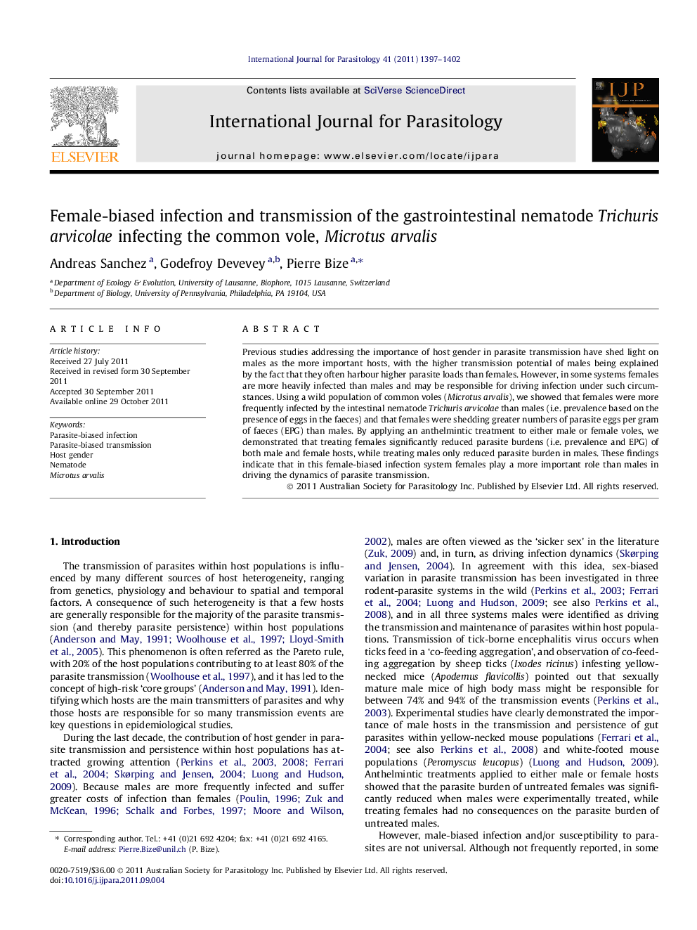 Female-biased infection and transmission of the gastrointestinal nematode Trichuris arvicolae infecting the common vole, Microtus arvalis