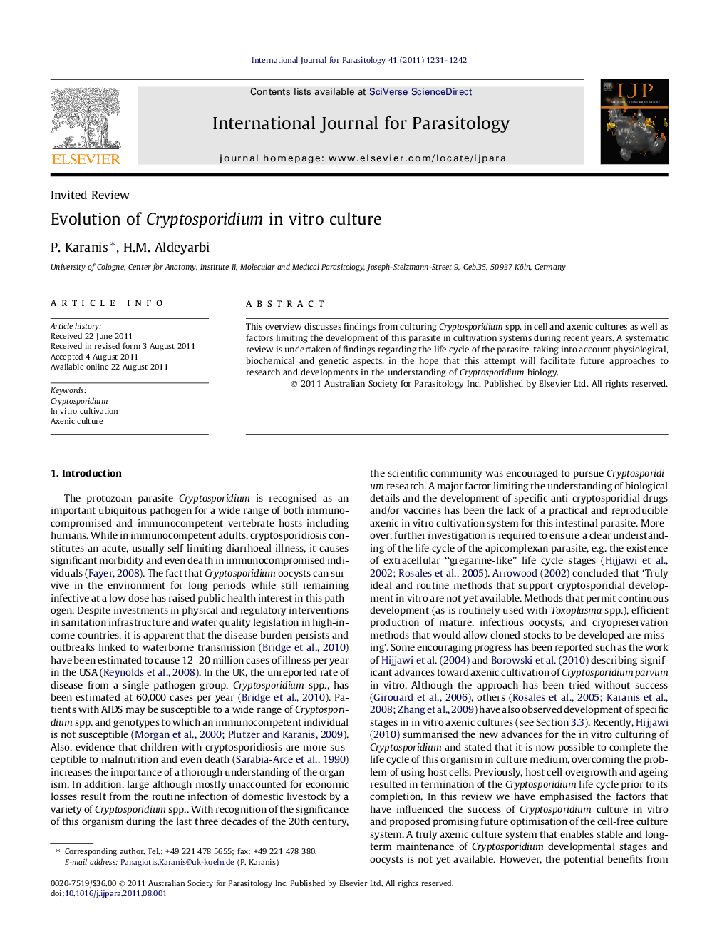 Evolution of Cryptosporidium in vitro culture