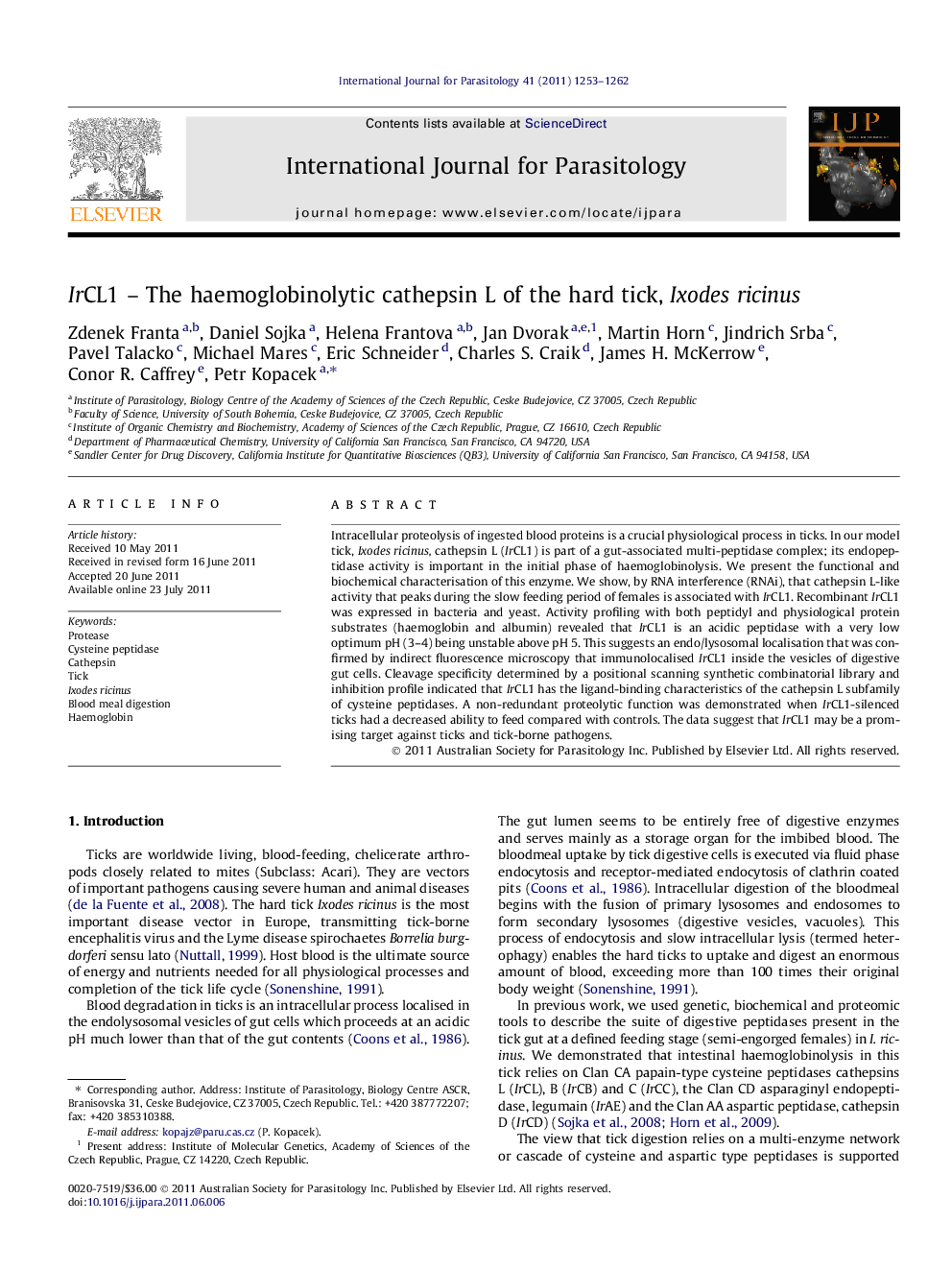 IrCL1 – The haemoglobinolytic cathepsin L of the hard tick, Ixodes ricinus