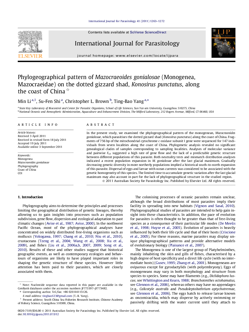 Phylogeographical pattern of Mazocraeoides gonialosae (Monogenea, Mazocraeidae) on the dotted gizzard shad, Konosirus punctatus, along the coast of China 